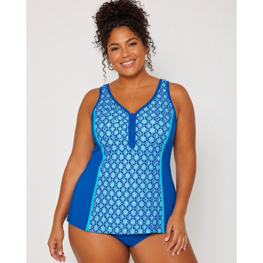 Beach House Sport Tankini Top 18W HW04107 Blue Geometric Racerback